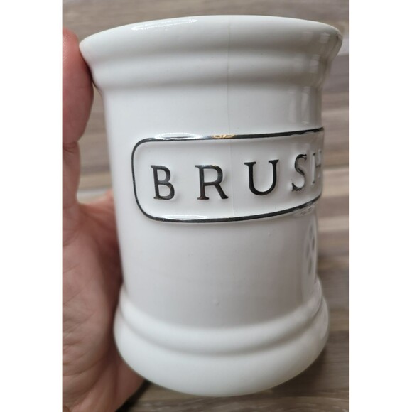 Pottery Barn Ceramic Text Bathroom Set Lotion Toothbrush Holder Canister Retired - Picture 14 of 14